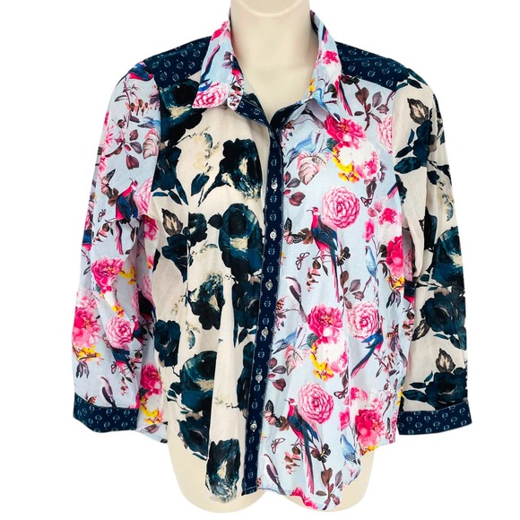 Sundance Tops - Sundance Womens XL Mixed Print Button Up Cotton Top Floral Boho Birds Butterfly
